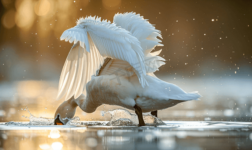 优雅钢琴摄影照片_一只白天鹅低头在脚下在水面上清洁自己