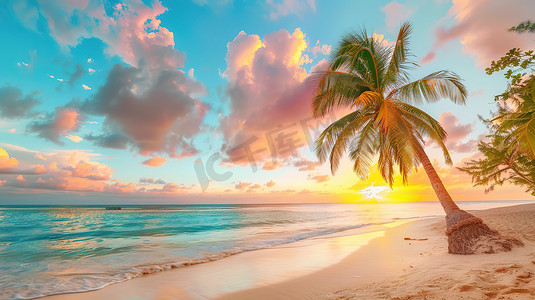 热带图片摄影照片_热带海滩上美丽日落高清图片