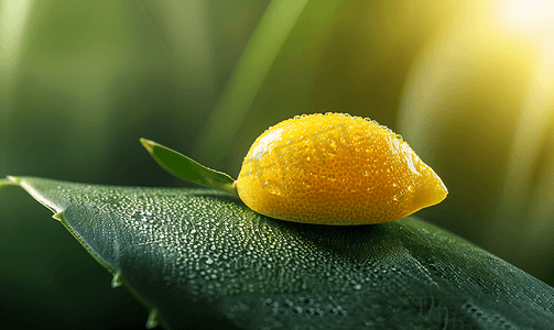 黄色活力背景摄影照片_绿色背景下龙舌兰叶子上鲜黄柠檬的特写