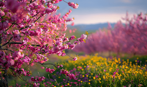 蓝色花束摄影照片_春天樱花盛开李子树色彩缤纷美丽极了