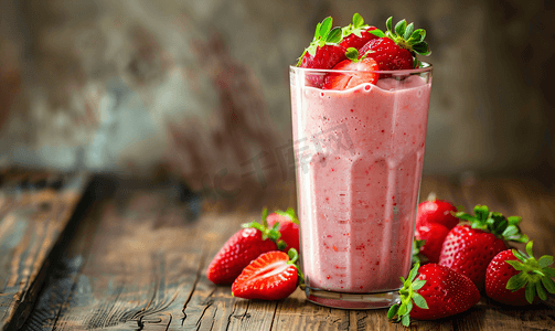 木桌上的玻璃杯中盛有草莓的草莓冰沙