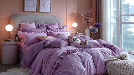 优雅淡紫色卧室四件套高清摄影图