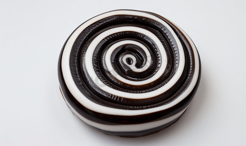 黑色螺旋背景摄影照片_白色甘草糖螺旋的顶视图