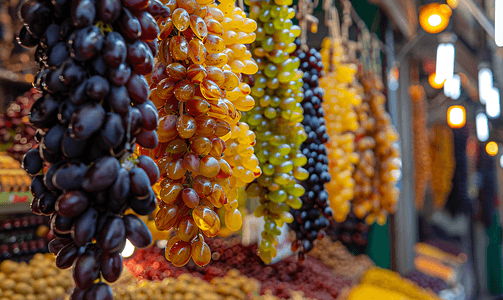 多彩多姿的东方甜味丘尔其赫拉特写葡萄汁中的坚果挂在商店里
