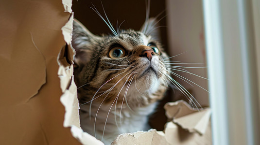 猫在纸边的破洞里抬头看照片
