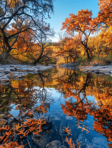 涂缓缓logo摄影照片_德克萨斯州一条缓缓流淌的小溪倒映着深秋的风景