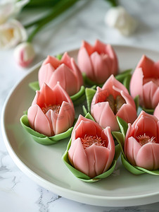 精致的粉色花朵甜品摄影照片