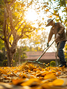工人在花园里清扫干树叶
