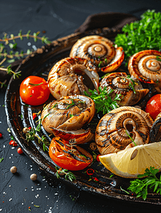 欧洲食品摄影照片_烤鱼海蜗牛配柠檬和蔬菜