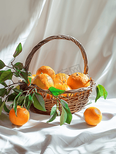 橘子背景摄影照片_桌上的篮子和橘子