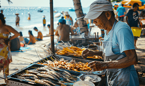 海滩小贩向游客出售熏鱼和海鲜
