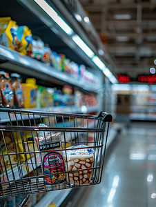 超市过道中的购物车视图牛奶酸奶冷冻食品冷冻柜