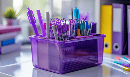 学校室内摄影照片_塑料盒中的紫色办公文具