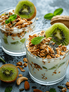 自制酸奶配格兰诺拉麦片、猕猴桃干果和坚果生物最健康种子