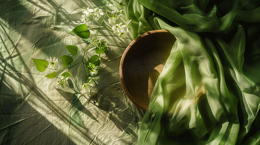 绿色绸缎花朵装饰摄影照片