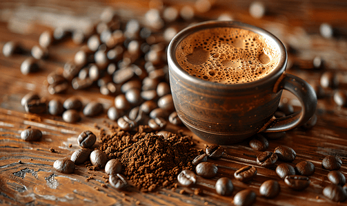 木桌上放着咖啡豆和咖啡粉的热咖啡杯