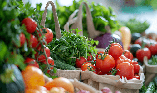可重复使用的农产品购物袋中的新鲜蔬菜
