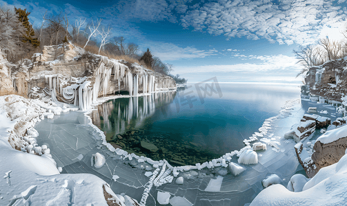 美丽的采石场湖上覆盖着冰