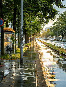 雨后城市摄影照片_雨后街道上设有自行车道的人行道