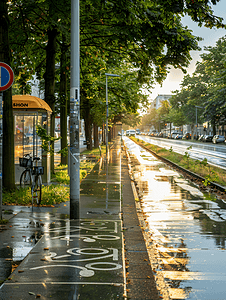 雨后街道上设有自行车道的人行道