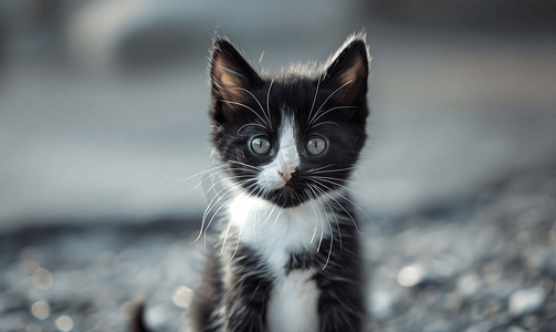小耳朵猫摄影照片_街上无家可归的小猫小宠物留着欢快小胡子的黑白小猫