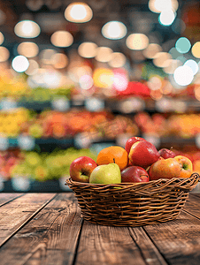 零售购物摄影照片_杂货店超市木桌上放着水果的购物篮模糊背景