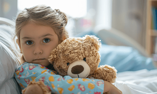 抱着玩偶熊的小女孩生病住院
