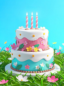 蓝色蛋糕摄影照片_双层白色粉蓝色生日蛋糕图片