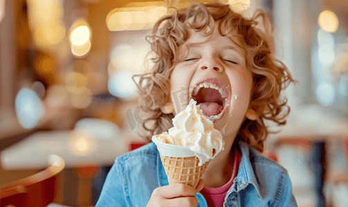 欢乐童年背景摄影照片_孩子正在冰淇淋餐厅吃冰淇淋和鲜奶油