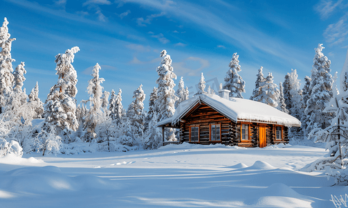 房屋山摄影照片_荒野中的小木屋覆盖着新雪