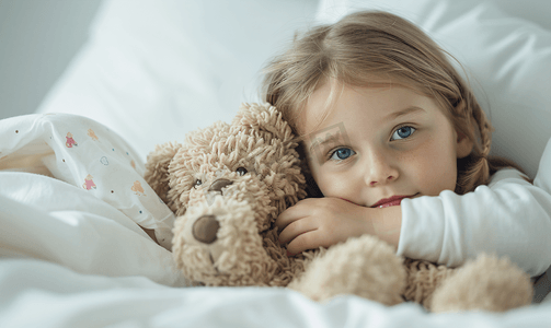 抱玩偶摄影照片_抱着玩偶熊的小女孩生病住院