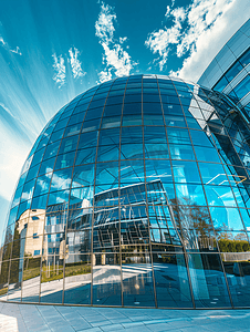 蓝天反射的玻璃球形现代建筑