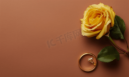 风框架摄影照片_棕色背景上的金戒指和金玫瑰平躺顶视图复制空间