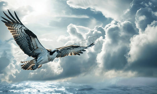 隐形的翅膀摄影照片_多云天空鱼鹰在飞行