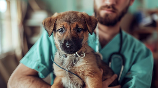 兽医抱着可爱小狗摄影照片