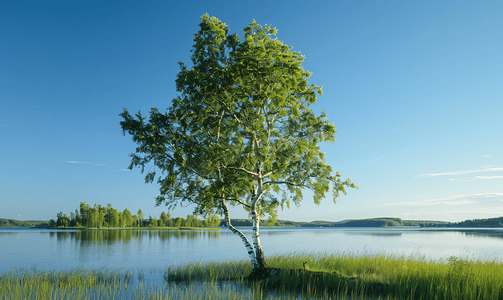 夏日森林摄影照片_夏日一棵白桦树矗立在水边