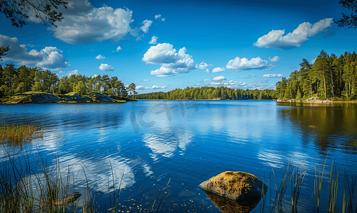 景观森林摄影照片_在瑞典斯莫兰岩的一个湖上前景是蓝色的水天森林