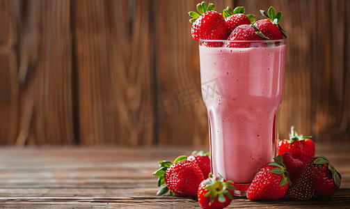 木桌上的玻璃杯中盛有草莓的草莓冰沙