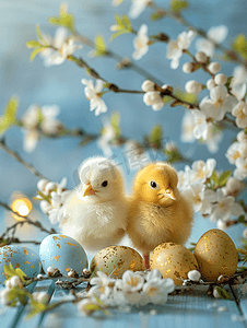 黄色兔子摄影照片_复活节背景与复活节小鸡和鸡蛋复活节装饰