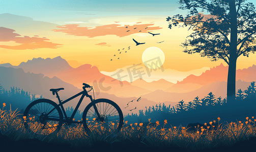 自行车山地骑行摄影照片_山地自行车剪影与美丽的景色