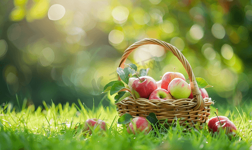 新水果摄影照片_绿草上篮子里的红绿新摘苹果