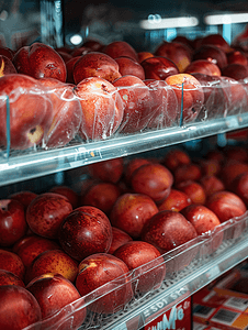水果的创意摄影照片_市场货架上的油桃