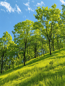 在青草山顶可以看到绿树成荫的绿树和蓝天