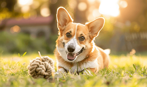 威尔士柯基犬在草坪上享受他的玩具