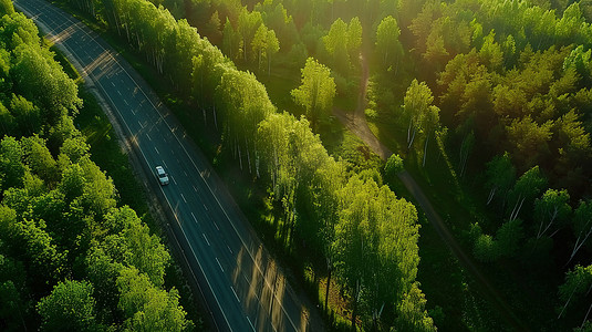 绿色森林的公路道路摄影照片