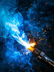 高温工作摄影照片_金属焊接工作高温产生的蓝火形成焊缝