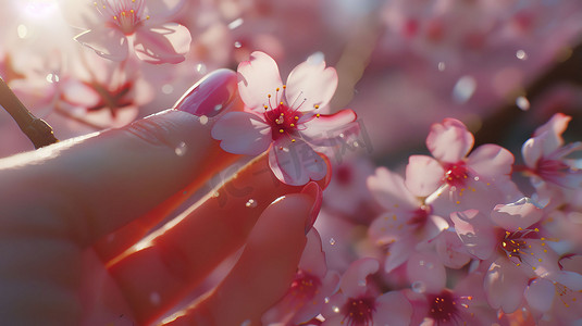 粉色手掌美甲桃花摄影照片