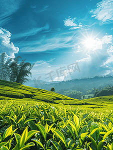 农村山丘摄影照片_蓝天背景的绿茶农场