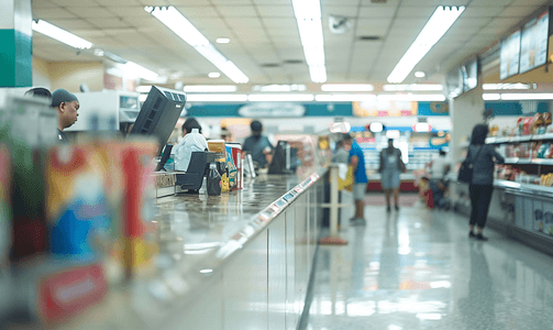 超市商店模糊背景收银台与顾客