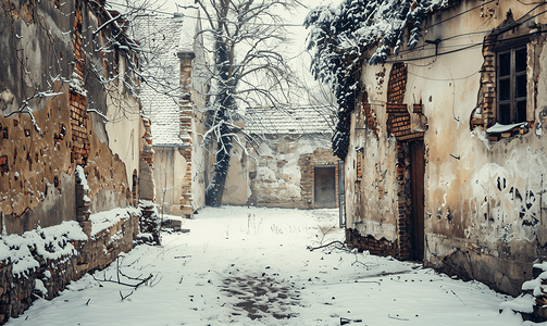 庭院景观摄影照片_村里的雪覆盖着废弃的旧庭院